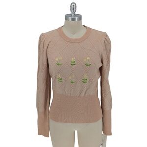 30023 Ontwelfth Embroidered Flower Knit Sweater Tan size XL retro vintage boho